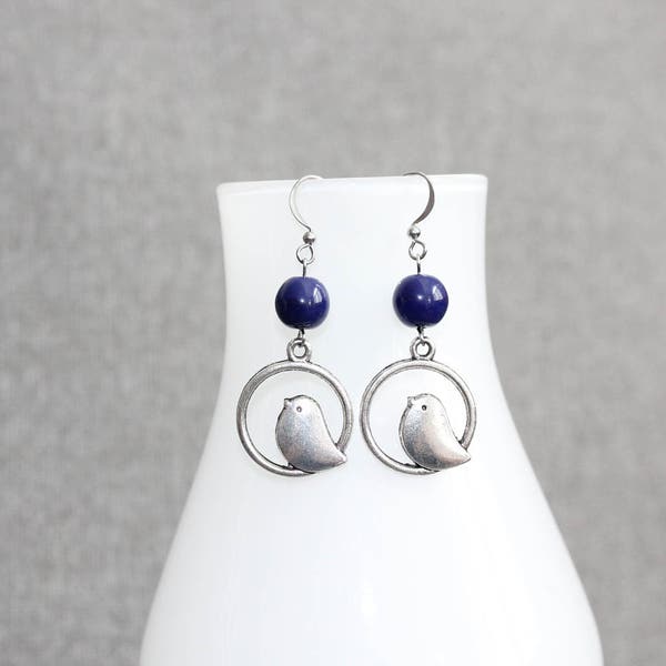 boucles d'oreilles argent/marine, Blue/Silver earring, navy blue, bird, oiseau, classique, pendante, pendentif, naturel, animaux, animal