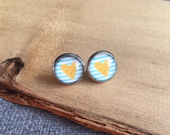 boucles d'oreille sur tige, clou d'oreille, petite boucle d'oreille, acier inoxydable, cabochon, fait au Québec, bijou coeur, or, bijou rayé
