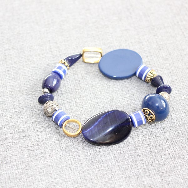 bracelet pour femme, bracelet élastique, bleu marine, or, classique, nautique, marin, cadeau pour elle, fait au quebec, etsy quebec
