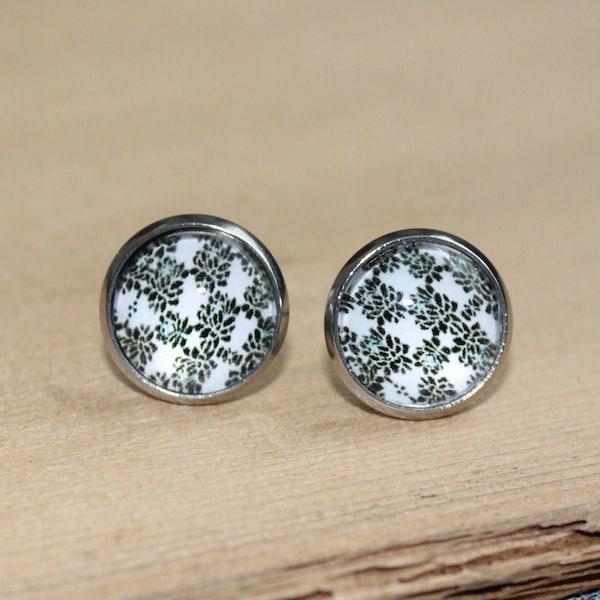 bijoux femme, boucles d'oreilles, femme, clou d'oreille, noir, blanc, cabochon, Québec, géométrique, stud, puces oreilles, damask, paisley