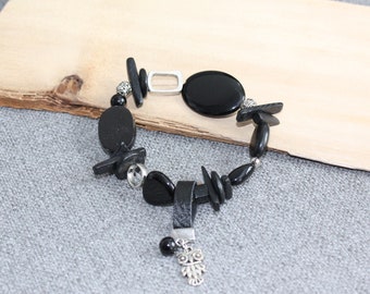 bracelet, bracelet élastique, noir, hibou, owl, bracelet noir, bracelet métal, quebec, casual, classique, tous les jours, fait à montreal
