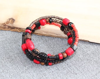 bracelet tourbillon, bracelet wrap, bracelet enroulable, rouge, noir, bois, bracelet noir, bracelet rouge, funky, fait au quebec, moderne