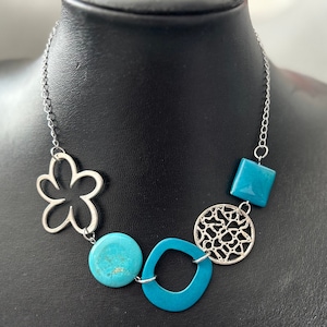 LIQUIDATION, bijoux mode, collier court, bijoux fantaisie, collier turquoise, collier fleur, bijou funky, collier ajustable, inox, cadeau