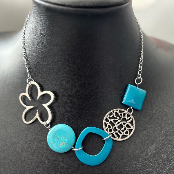 LIQUIDATION, bijoux mode, collier court, bijoux fantaisie, collier turquoise, collier fleur, bijou funky, collier ajustable, inox, cadeau