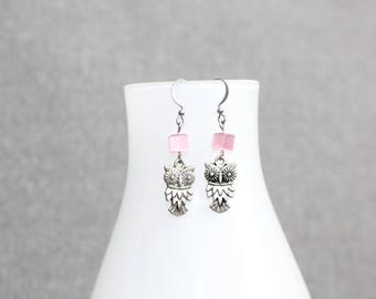 boucles d'oreilles hiboux,bijoux mode, Boucles d'oreille ado,Owls earring, jewelry, gift, pink, rose, hypoallergene, minimaliste, funky