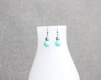 Boucles d'oreilles fantaisie, perle, turquoise, boucles d'oreilles chic, classique, fancy, boucles doreilles femme, fait au Québec