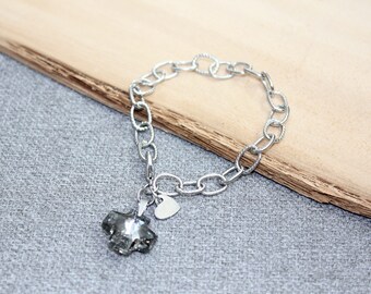 braccialetto da donna, cristallo swarovski, croce, cuore, acciaio inossidabile, catena ovale, grigio, bracciale delicato, religioso, fatto a quebec, regalo