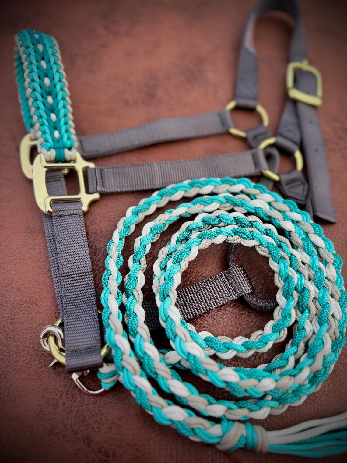 Teal, Turquoise, and Gray Custom Braided Halter With Matching Lead Rope ...