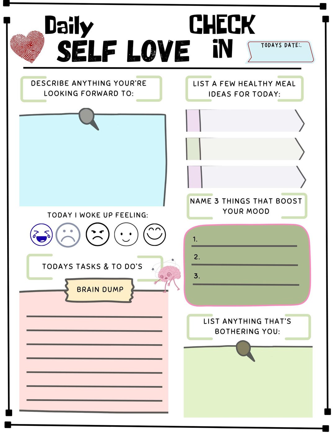 Self Love Checklist Printable, Daily Self Care Routine, Mental Wellness ...