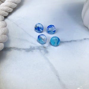Ocean Jewel Tone Round Stud - Polymer Clay Earrings; Marbled Clay Earrings; Statement Stud; Lightweight, Stainless Steel, Faux Gemstone