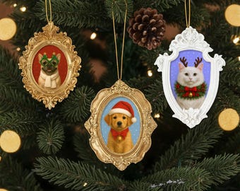 Custom Pet Portrait Christmas Ornament, Hand-Painted Vintage Frame