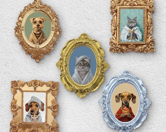 Mini Pet Portrait, Custom Cozy Pet Portrait in Baroque Frame – Hand-Painted Pet Art with Donut, Coffee, or Book, Funny Personalized Gift