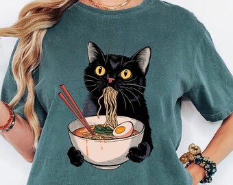 Comfort Colors® Noodle Cat Shirt, Ramen Cat Shirt, Foodie Lover Shirts, Black Cat Noodle T-Shirt, Retro Cat Tees, Cat Lover Sweatshirts,Cat