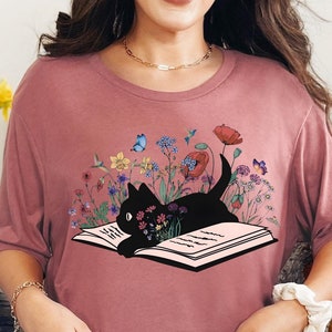 Floral Cat Shirt, Cat Lover T-shirt, Cat Book Shirt, Cat Lover Gift, Gift for Her, Cat Mom Shirt Gift, Cute Cat Shirts, Cute Book Cat Tshirt