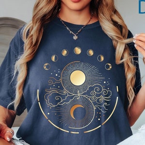 Comfort Colors® Mystical Moon Phase Shirt, Celestial Shirt, Boho Mystical Moon And Sun Tee, Boho Moon, Spiritual Moon Women Clothing Gifts