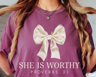 Comfort Colors® She is Worthy Bow Shirt, Women's Christian Shirts, Cute Christian Coquette Tshirt, Girly Faith Shirt Ideas, Trendy Christian