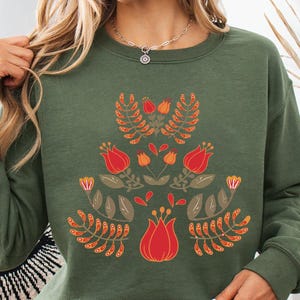 Scandinavian Sweatshirt, Botanical Long Sleeve, Folk Art T-Shirt, Scandinavian Gift, Gift For Women Vintage Flower Shirt, Plant Lover Shirt