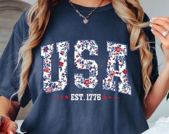 Comfort Colors® Floral USA Shirt, American Girl Shirt, USA Est 1776 Shirt, Girly 4th of July Shirt, Patriotic Women Shirt, Flower USA Shirt
