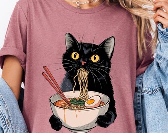 Noodle Cat Shirt, Ramen Cat T-Shirt, Foodie Lover Shirts, Black Cat Noodle T-Shirts, Retro Cat Tees, Cat Lover Sweatshirts, Black Cat Tshirt