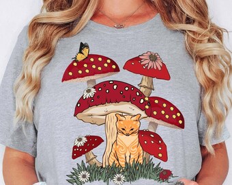Cat and Mushroom Shirts, Goblincore Shirt, Cat Mushroom Shirt, Cat Lover Gift, Mushroom Tee, Cottagecore Shirt, Cat Owner Gift, Mushroom Tee