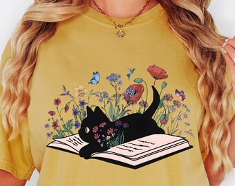 Comfort Colors® Floral Cat Shirt, Cat Lover Shirt, Cat Book Shirt, Cat Lover Gift, Cat Mom Shirt Gift, Cute Cat Shirts, Cute Book Cat Shirt