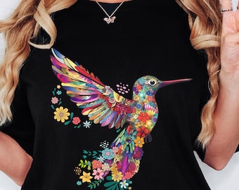 Floral Hummingbird Shirt ,Animal Lover Tee, Bird T Shirts, Trendy Tee, Gift For Her, Bird Lover T-Shirt, Spring Birds, Flower Shirt, Bird
