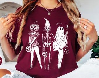 Spooky Girl Squad Shirt, Skeleton Ghost Pumpkin T Shirt, Witchy Fall Shirt, Retro Halloween Sweatshirt, Halloween Gift, Girly Halloween Tee