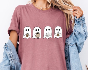 Iced Coffee Halloween Crew, Aesthetic Crewneck, Halloween Sweatshirt, Embroidered Halloween, Coffee Lovers, Little Ghost Coffee, Ghost Shirt