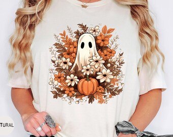 Floral Ghost Shirt, Floral Ghost Sweatshirt, Halloween Ghost Sweatshirt, Flower Halloween Shirt, Vintage Retro Sweatshirt, Fall Sweater Tee