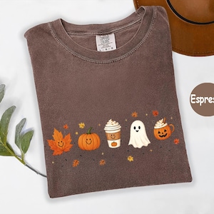 Comfort Colors® Cute Dancing Fall Friends Shirt, Spooky Season Pumpkin Spice Latte Tee, Kawaii Ghost Autumn Apparel, Cozy Halloween Top