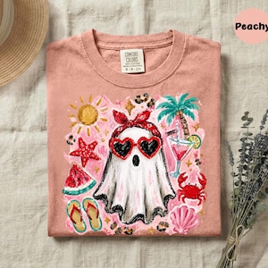 Comfort Colors® Spooky Summer Ghost Shirt, Beach Summerween Tee, Coquette Coastal Goth Top, Cute Retro Halloween Beachwear image 1