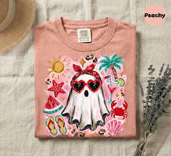 Comfort Colors® Spooky Summer Ghost Shirt, Beach Summerween Tee, Coquette Coastal Goth Top, Cute Retro Halloween Beachwear