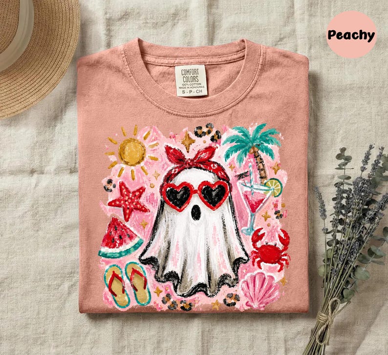 Comfort Colors® Spooky Summer Ghost Shirt, Beach Summerween Tee, Coquette Coastal Goth Top, Cute Retro Halloween Beachwear image 1