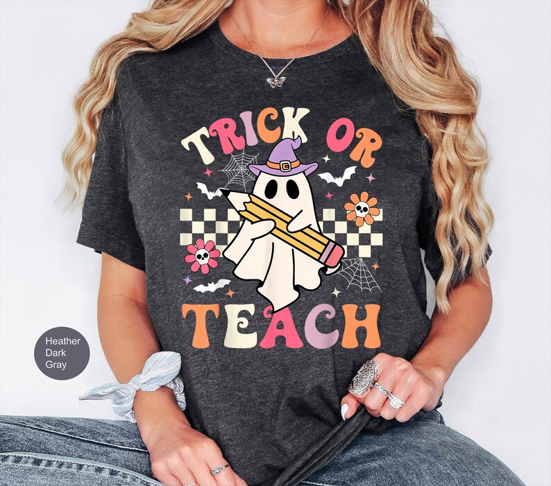 Teacher Halloween Shirt, Halloween Teacher Shirt, Trick or Teach Shirt, Spooky Teacher T-shirt, Retro Ghost Teacher Shirt,Fall Teacher Shirt image 4