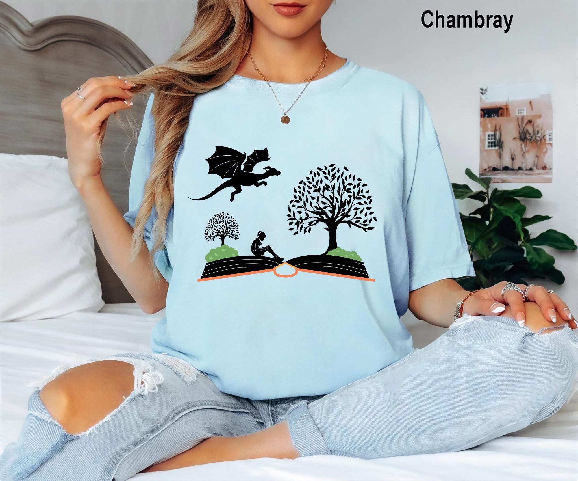 Comfort Colors® Girl and Dragon Book Shirt, Reading Book Shirt, Gift For Bookworms, Booksellers Gift, Fantastic Book Lover T-Shirt,Librarian
