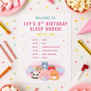 May include: A party invitation with the text "Welcome to Ivy's 8th Birthday Sleep Under!" and a schedule for the event. The invitation is decorated with colourful confetti, pink plates, popcorn, and party favours.