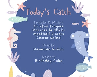 Puede incluir: Una ilustración caprichosa con criaturas marinas y el texto "Today's Catch". El diseño incluye peces, estrellas de mar y un pulpo, con un menú que enumera aperitivos, platos principales, bebidas y postres.