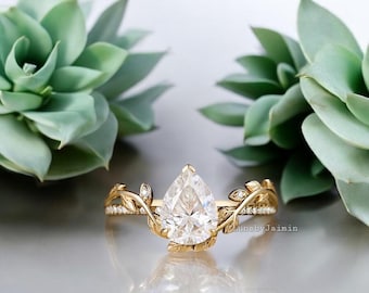Natural-Inspired 2 ct Pear Cut Moissanite Ring | 14K Solid Yellow Gold Art Deco Tree Leaf | Engagement Ring | Diamond Ring | Gift for her