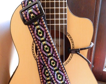 Ukulele Strap- Medium width, Adjustable neck style sling, Vintage NOS jacquard woven trim, Purple, hootenanny/Bohemian pattern