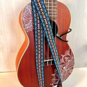 Ukulele  Strap, Adjustable neck style sling, Vintage Style jacquard woven trim, Sky Blue and Brown, classic Bohemian pattern
