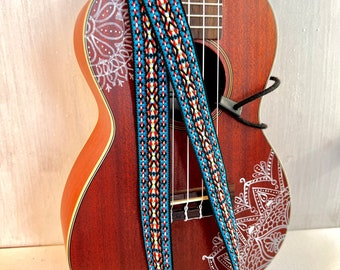 Ukulele  Strap, Adjustable neck style sling, Vintage Style jacquard woven trim, Sky Blue and Brown, classic Bohemian pattern