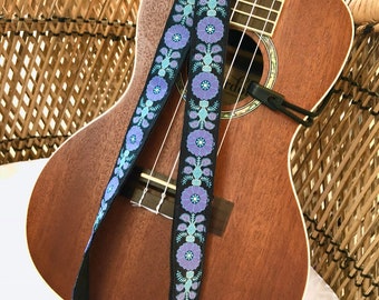 Ukulele Strap- Neck sling style, Purple and Blue woven trim, flower and vine pattern, lined backing