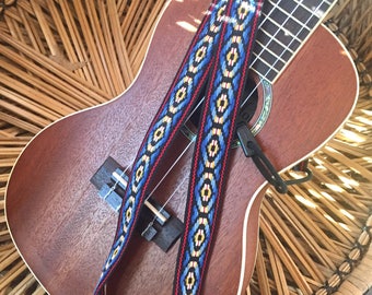 Ukulele Strap, Adjustable neck style sling strap, made from Vintage 60's cotton woven trim fabric, Bohemian patter in blue, red and white