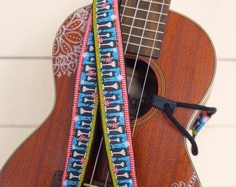 Cat pattern Ukulele Strap- 1" wide designer trim, Charity Donation, Neck Sling with hook, free US shipping