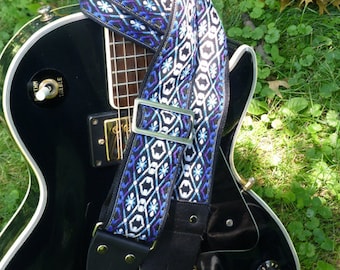 Guitar Strap, beautiful Shades of blue, vintage style jacquard trim, classic and handmade! Ace style!