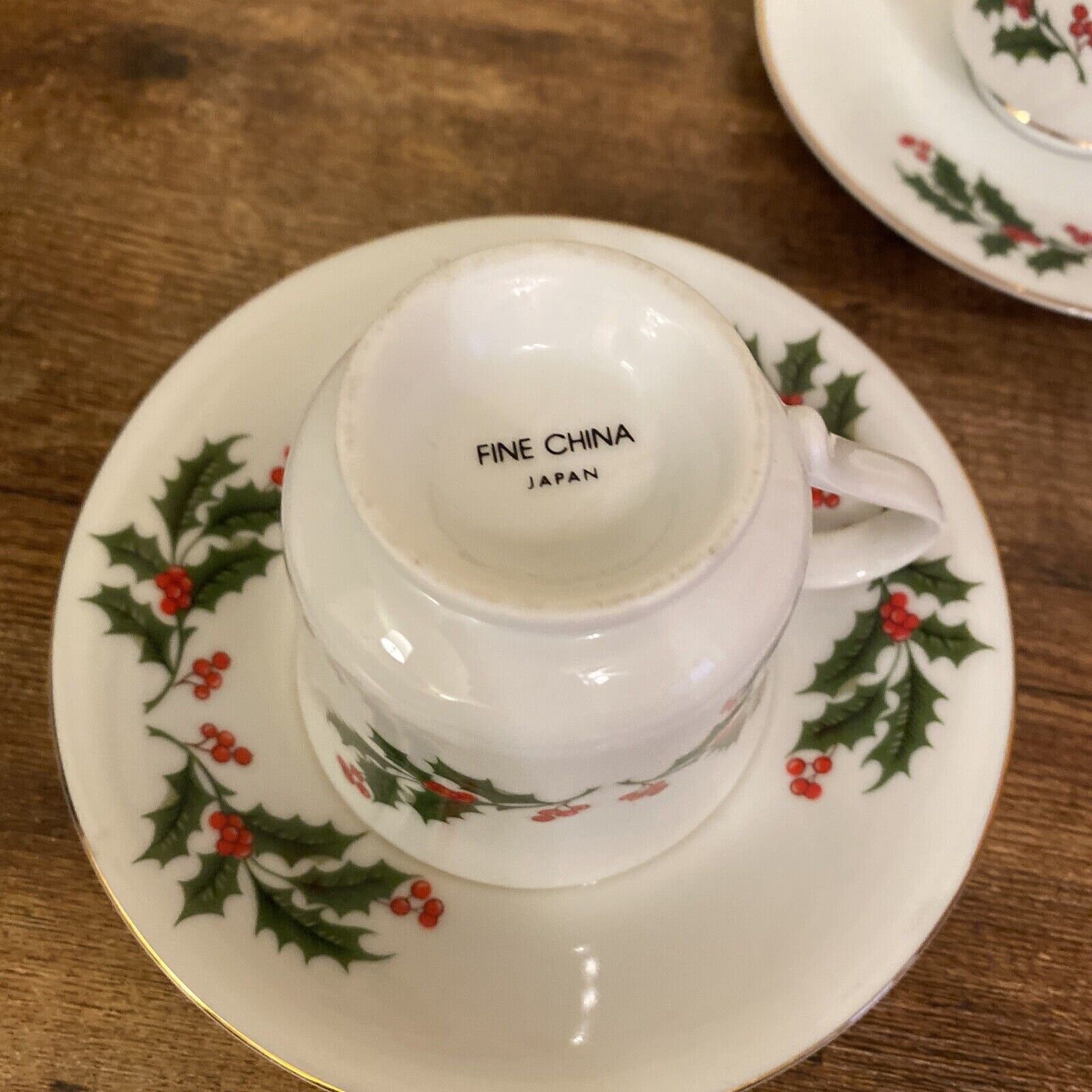Vintage 1989 Christmas Holly Fine China of Japan Cup Saucer Salad