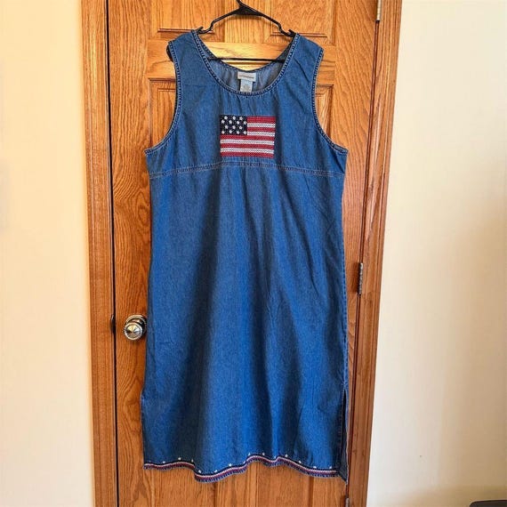 american flag denim dress Einccm Women's Denim Overall Dress American Flag Adjustable Strap Jean Mini Dresses Denim Overall Skirt Outfits with Pockets, Size: XL, Blue