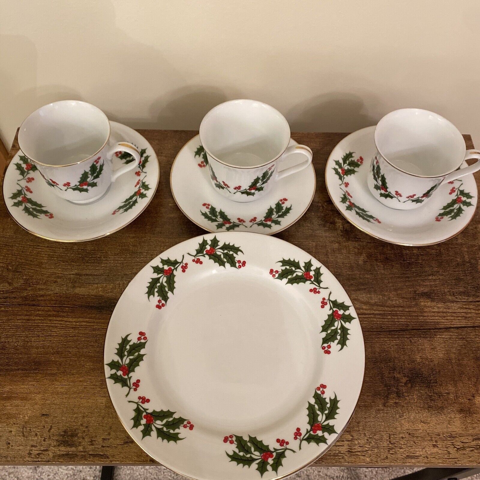 Vintage 1989 Christmas Holly Fine China of Japan Cup Saucer Salad