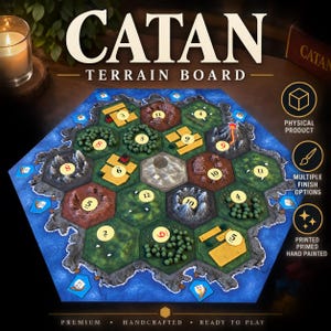 May include: A Catan terrain board game set featuring a hexagonal map with textured tiles representing mountains, forests, fields, and hills. The board includes numbered circular tokens, blue water borders, and small game pieces on a dark surface.