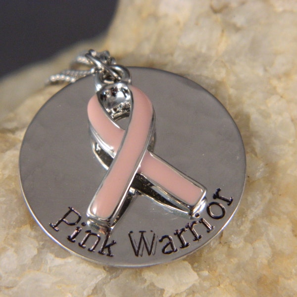 Pink Warrior Breast Cancer Enameled Ribbon Awareness Charm Necklace